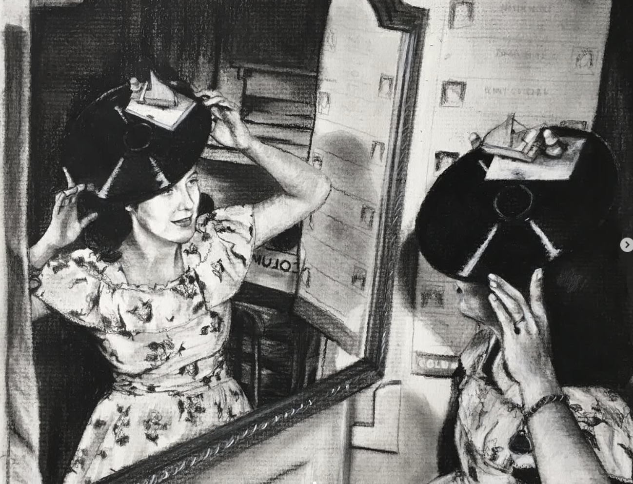 Custom artwork by Ashley Wiard - Grandma Day (Charcoal on paper)